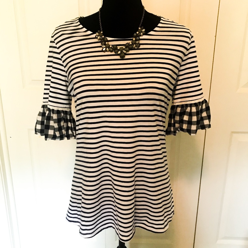 Rebecca Malone Striped and Gingham Ruffle Blouse